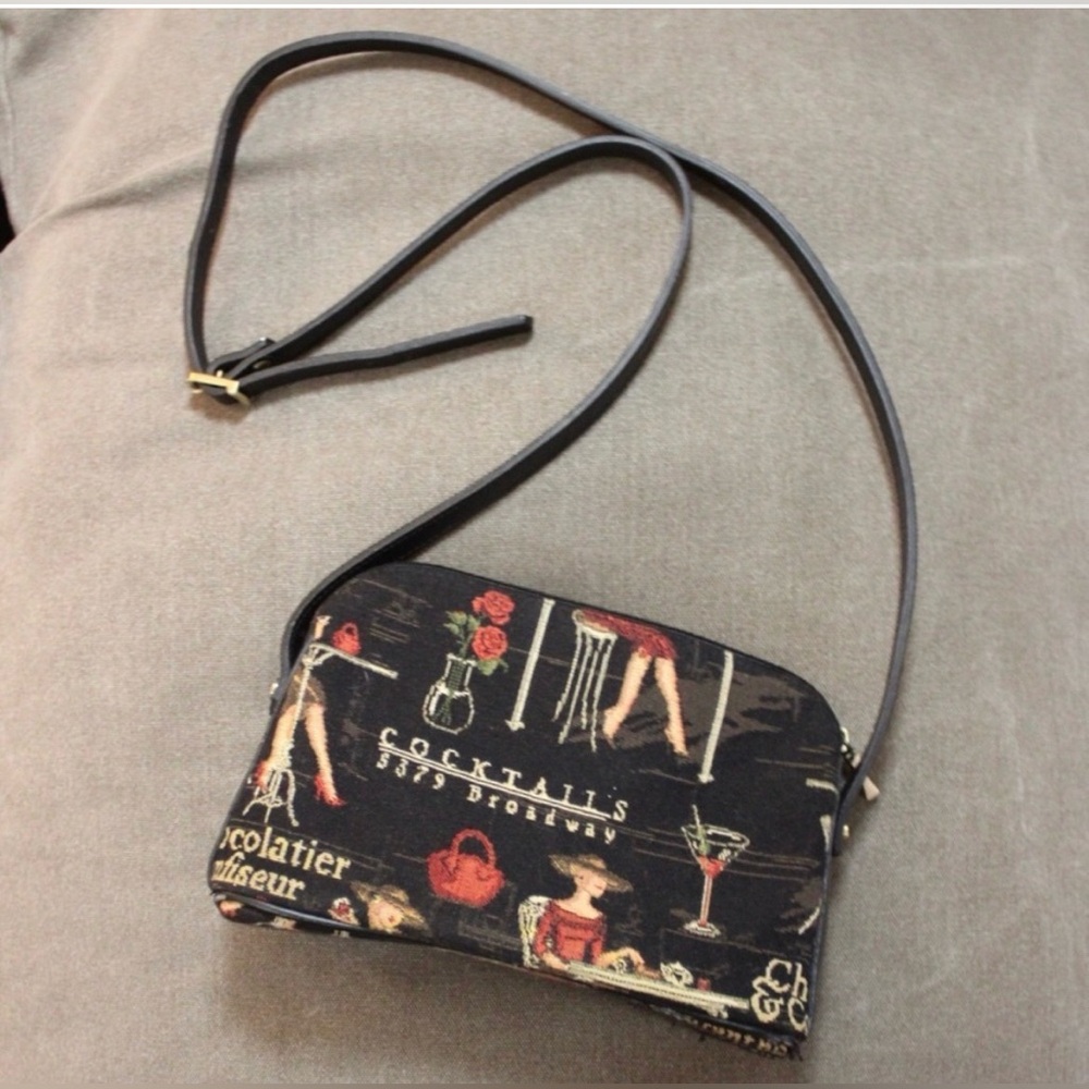 ROYAL TAPISSERIE Cocktails Printed Crossbody Bag, Black/Multi, EUC